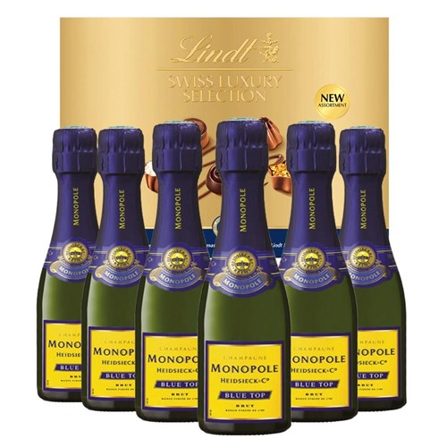 Mini Monopole Heidsieck Co. Blue Top Brut 20cl Case of 6 with Lindt Swiss Tradition Chocolates 193g
